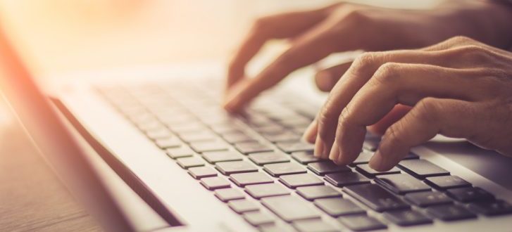 Laptop, Computer, Desktop PC, Human Hand, Office / soft focus picture / Vintage concept